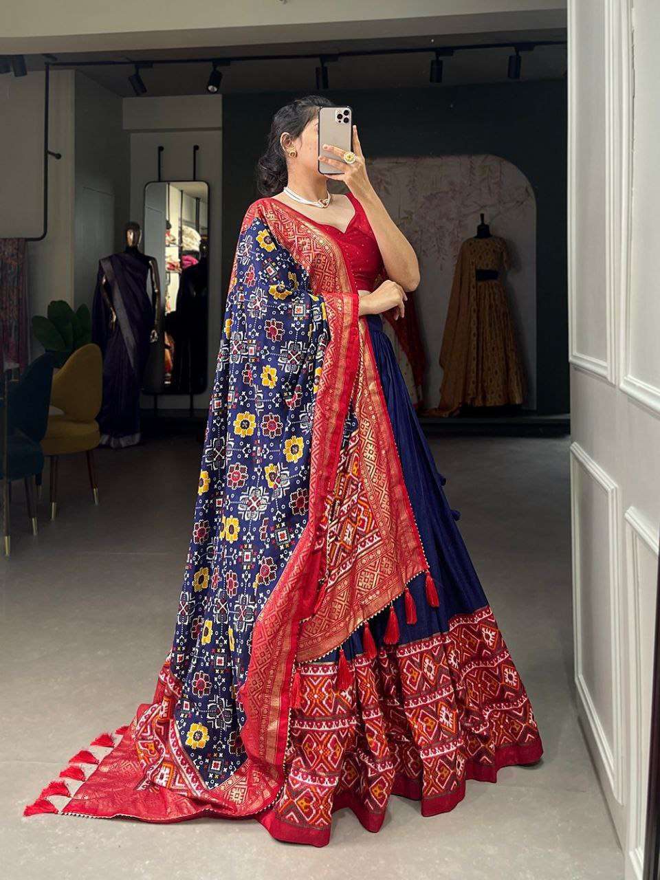 Women's Tussar Silk Patola Print Lehenga Choli Dupatta Set - Image 4