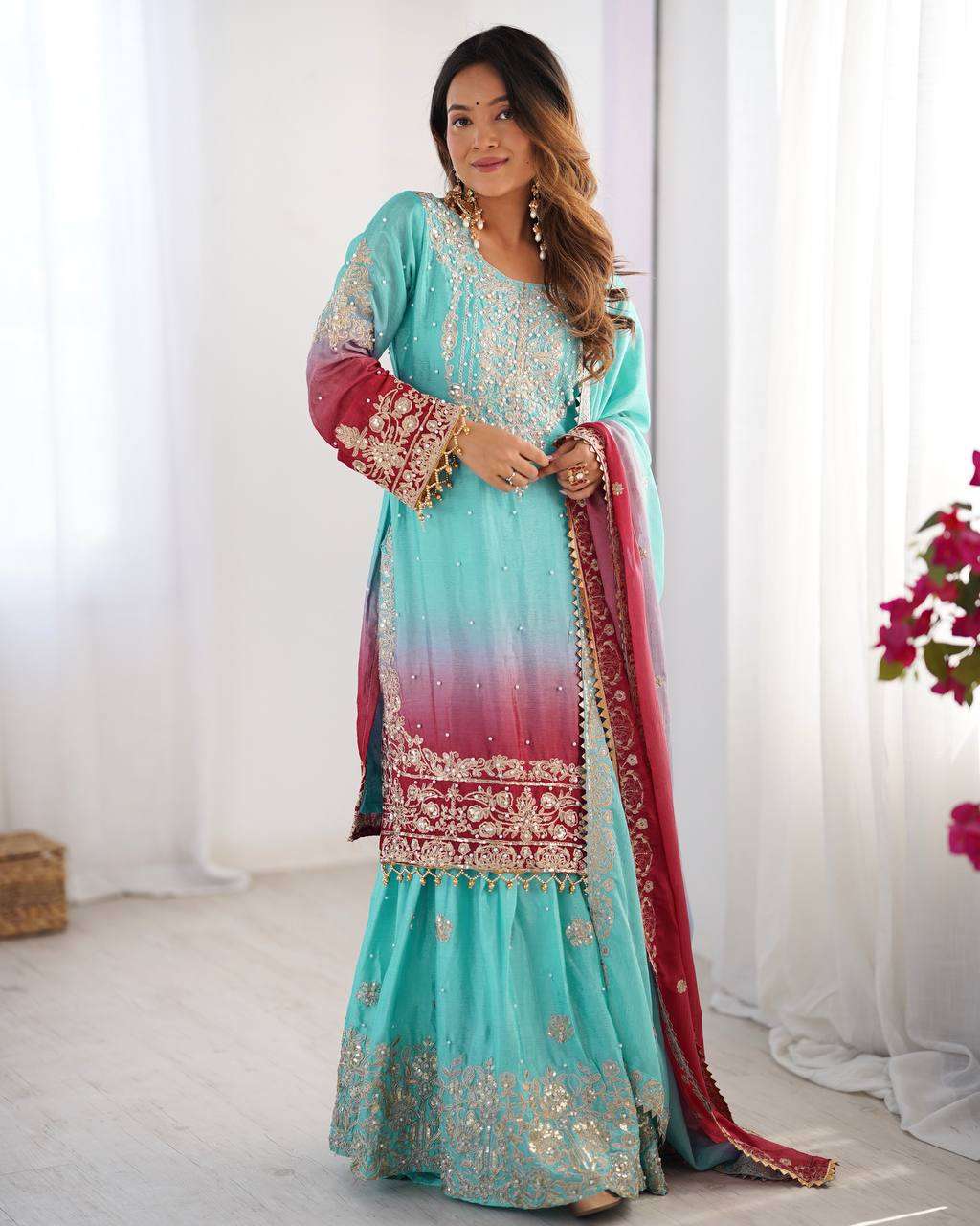 Women's Chinon Silk Sequence With Rivet Moti Work Straight Kurta With Sharara and Dupatta Set - Image 22