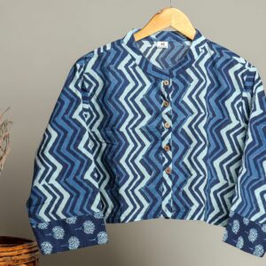 Handmade Cotton Shirt for Women ? Black & Grey Zigzag Print Button-Down Top with Full Sleeves