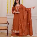 Women's Embroidered Cotton Straight Kurta Pant Dupatta Set