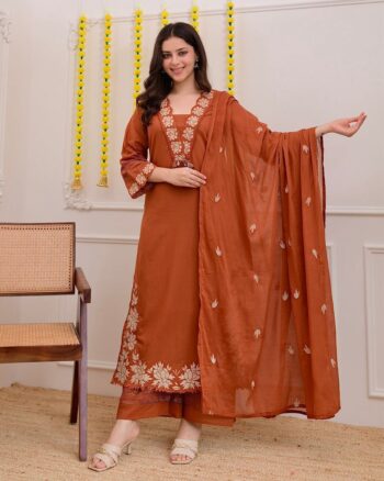 Women's Embroidered Cotton Straight Kurta Pant Dupatta Set
