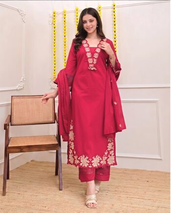 Women's Embroidered Cotton Straight Kurta Pant Dupatta Set