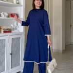 Women's Navy Blue Cotton Co-Ord Set with Beads Work