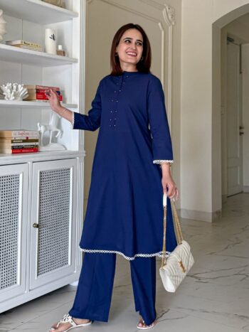 Women's Navy Blue Cotton Co-Ord Set with Beads Work