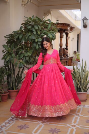 Women's Designer Russian Silk Gown with Embroidered Dupatta