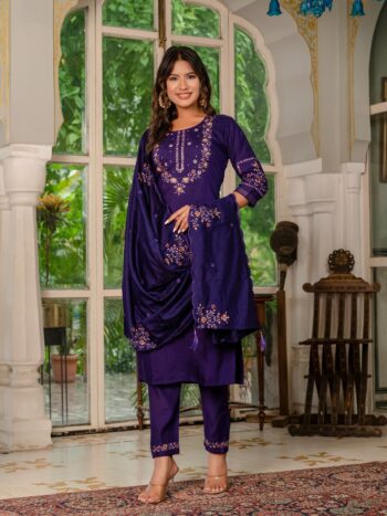 Women's Marina Silk Embroidered Kurta Pant Set with Maslin Dupatta (BLUE)