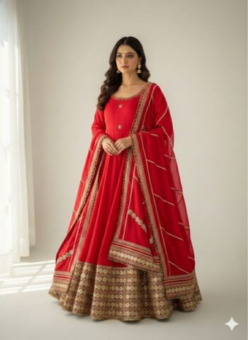 Women's Premium Chinon Silk Anarkali Suit Set with Dupatta & Pant (RED)