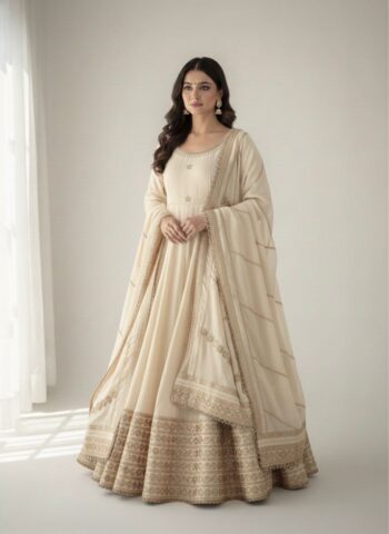 Women's Premium Chinon Silk Anarkali Suit Set with Dupatta & Pant ( OFF WHITE )