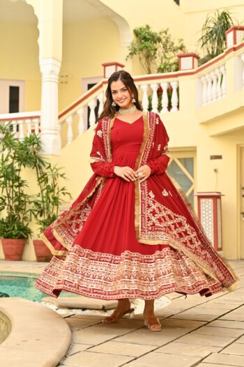 Women's Designer Embroidered Faux Blooming Gown with Dupatta