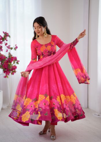 Women's Organza Taby Silk Printed Gown Set with Dupatta & Pant