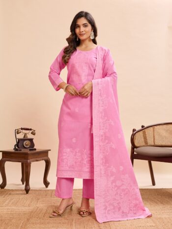 Pink Pure Cotton Embroidered Kurta Set with Dupatta for Women