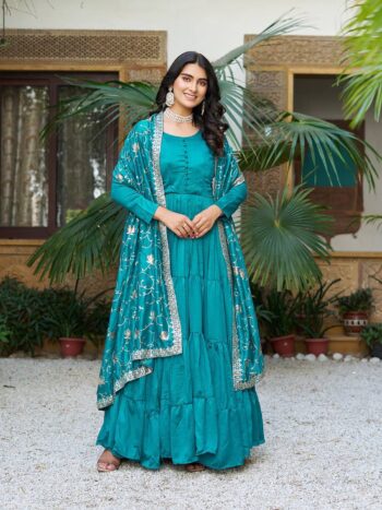 Women's Premium Vichitra Silk Festival Gown with Embroidered Dupatta