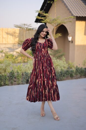Women's Premium Printed Cotton Flared Kurti | Designer Puff Sleeve Long Kurti | Shaarika