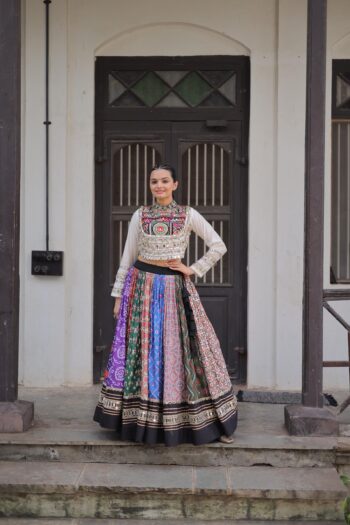 Women's Navratri Cotton Lehenga Choli | Kutchi Gamthi Mirror Work Top | Designer Garba Dress | Shaarika