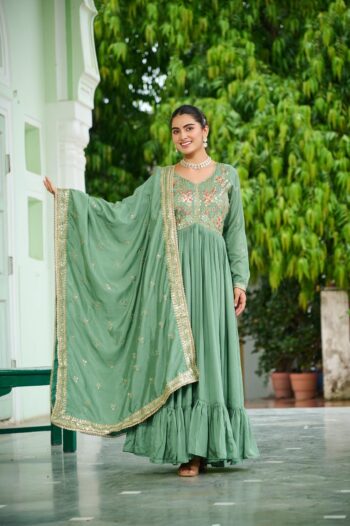 Women's Vichitra Silk Embroidered Gown with Dupatta | Designer Zari Work Party Wear | Shaarika
