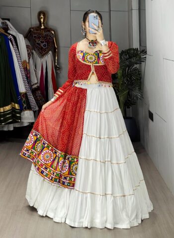 Women's Navratri Chaniya Choli with Koti | Pure Rayon Cotton Lehenga, Kutchi Mirror Work Blouse | Shaarika