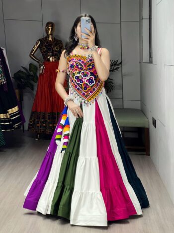 Women's Navratri Rayon Cotton Lehenga Choli | Kutchi Mirror Work Silk Blouse | 8 Meter Garba Lehenga | Shaarika