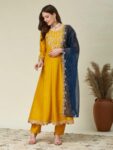Women's Premium Vichitra Silk Anarkali Kurti Pant & Embroidered Dupatta Set | Shaarika