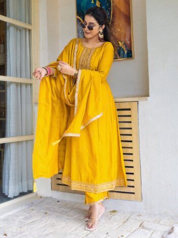 Women's Premium Vichitra Silk Anarkali Kurti Pant & Dupatta Set | Embroidered Designer Ethnic Wear | Shaarika