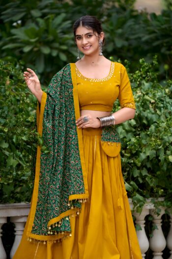 Women's Premium Pure Cotton Navratri Lehenga Choli with Real Mirror Work Blouse, Printed Dupatta and Matching Purse by Shaarika