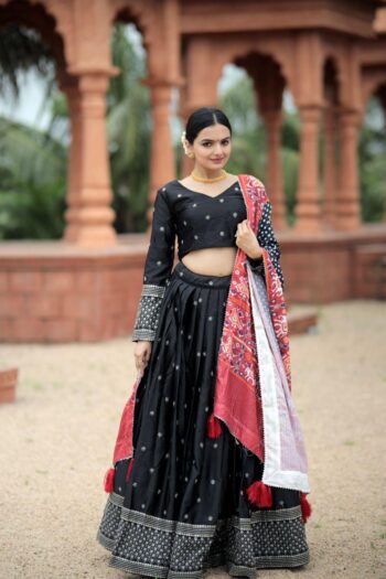 Women's Myra Silk Navratri Lehenga Choli with Maslin Crochet Dupatta | Sequins Embroidered Festive Wear | Shaarika