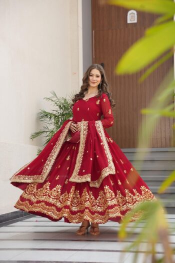 Shaarika Women's Zari Embroidered Party Wear Gown With Dupatta