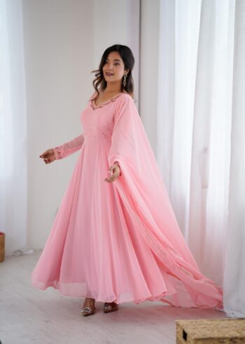 Shaarika Fox Georgette Handwork Party Wear Gown Set with Dupatta & Pant
