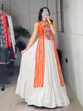 Shaarika Leheriya Kurti with White Lehenga Set for Navratri