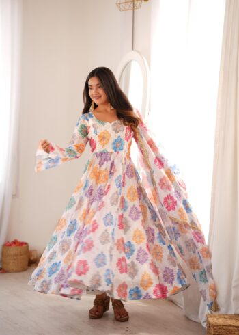 Shaarika Printed Organza Gown with Pant & Dupatta