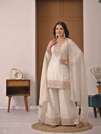 Shaarika Crunchy Silk Embroidered Top Palazzo Dupatta Set