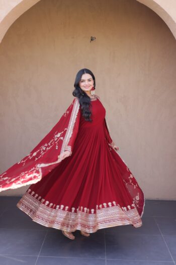 Shaarika Maroon Faux Blooming Embroidered Designer Gown Set