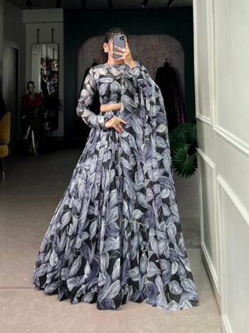 Shaarika Tabby Silk printed hotfix lehenga choli with stitched 5.5-meter flair, matching dupatta, and unstitched blouse.