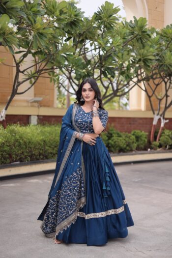 Women's Glory Satin Embroidered Lehenga Choli with Zari Sequins Work & Designer Dupatta