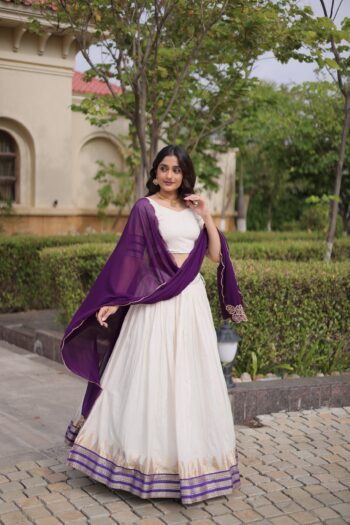 Onam Special Women's Viscose Jacquard Lehenga Choli with Contrast Dupatta