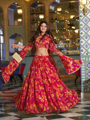 Women's Floral Marble Print Lehenga Choli with Handwork Blouse and Lace Border Dupatta by Shaarika